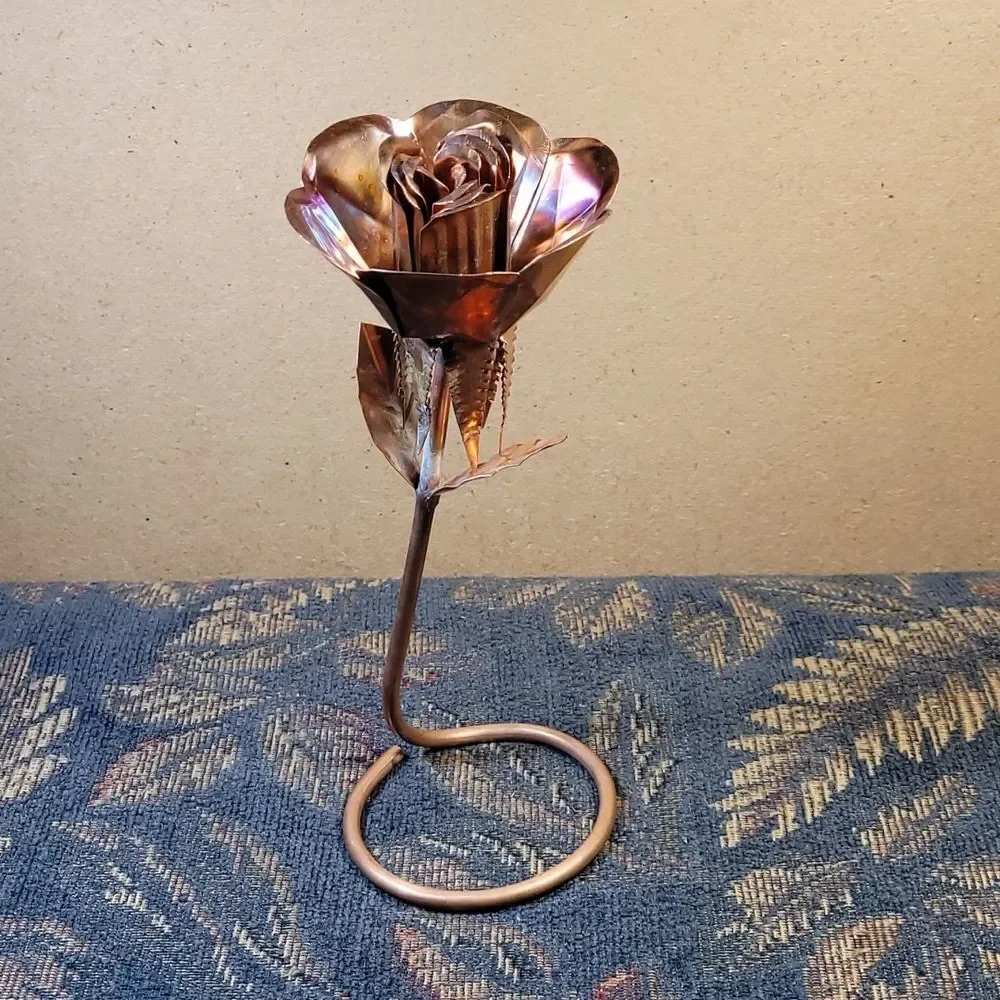 Handmade Copper Rose with Leaves and Stand